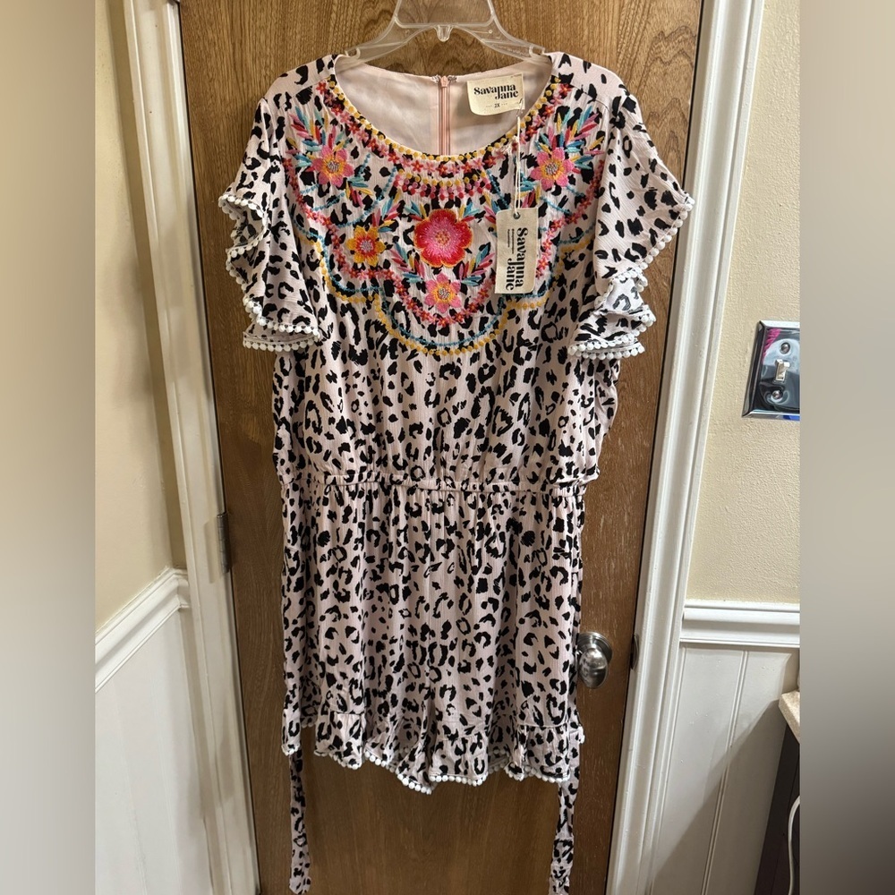 Savanna Jane Romper Women’s 2X Leopard Floral Embroidered Flutter Sleeve Boho